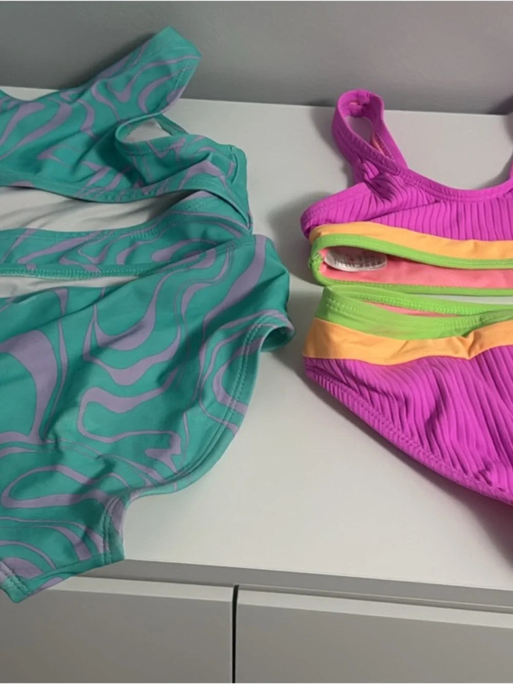 Girls Two-Piece Swim Set lot in Turquoise, Purple & Neon Pink